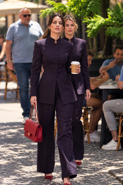 XAYWEAR Royal Plum Mandarin Collar Business Suit