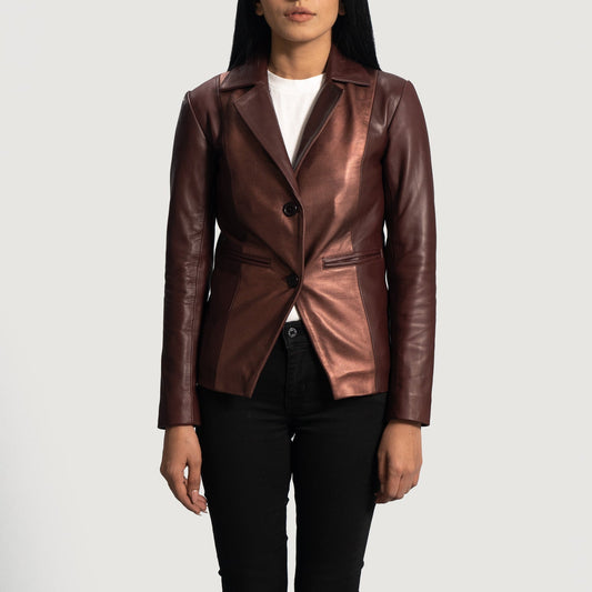 XAYWEAR Ruby Metallic Maroon Faux Leather Women's Blazer
