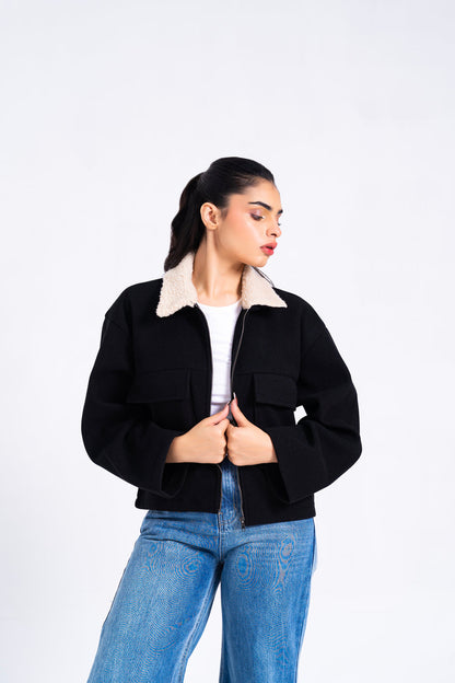 XAYWEAR Sherpa Collared Wool Jacket - Black