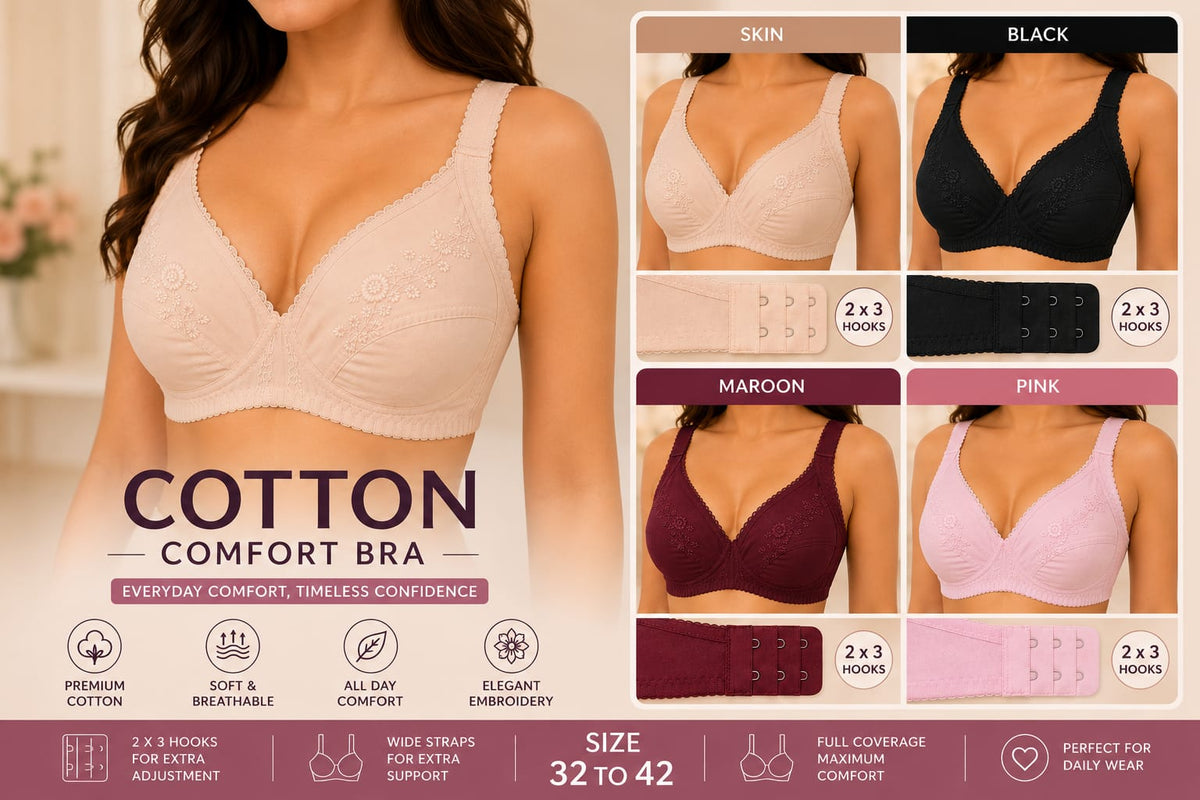 XAYWEAR Adjustable Hook Closure Embroidery Design Cotton Bra - PACK OF 3