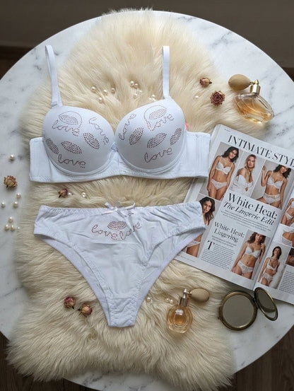 Love Rhinestone Push-Up Bra Set with Sparkling Lip Detail
