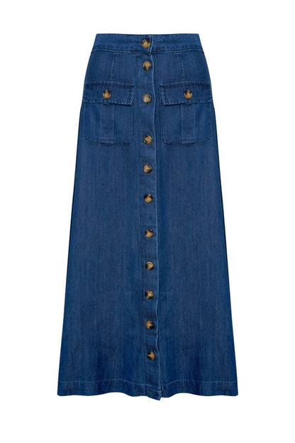 XAYWEAR Indigo Blue Pocket Detail Denim Midi Skirt