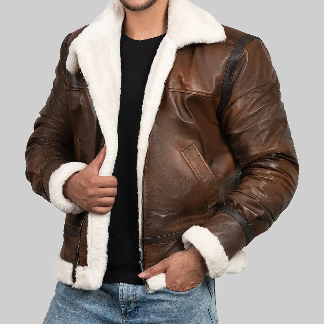 XAYWEAR Men's Brown Leather Aviator Jacket - Stylish & Warm
