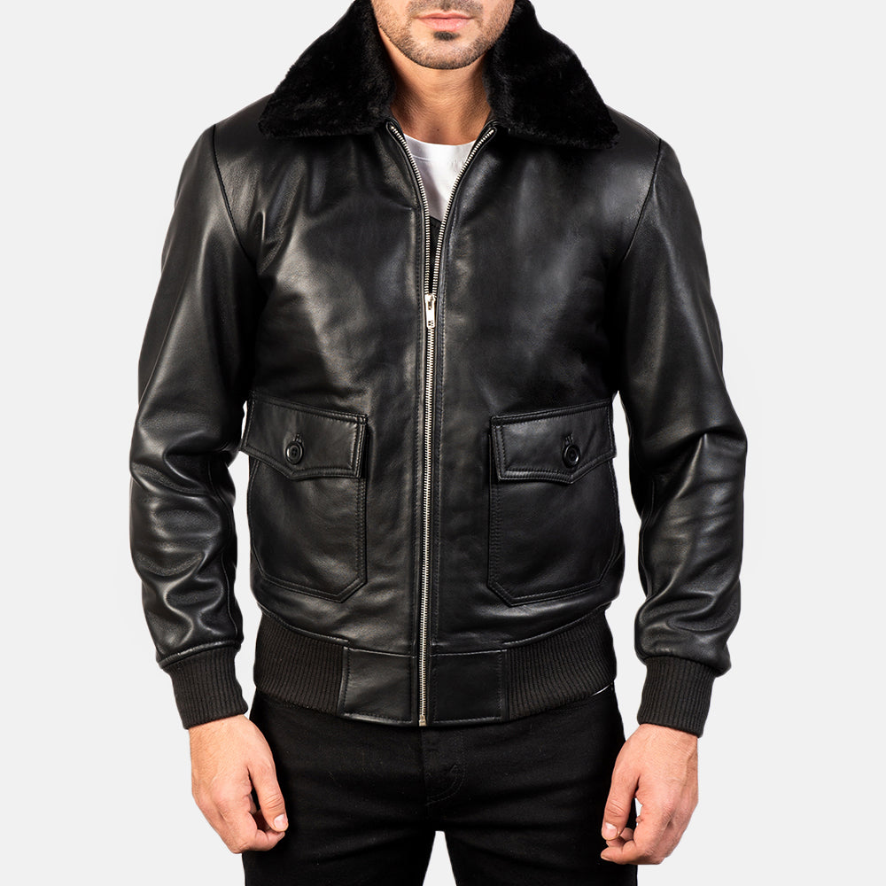 Xaywear Airin G-1 bomber jacket in black leather with a plush collar and front pockets