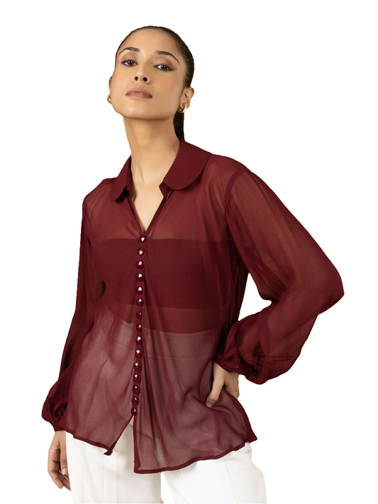 XAYWEAR Women's Red Sheer Top with Button Detail