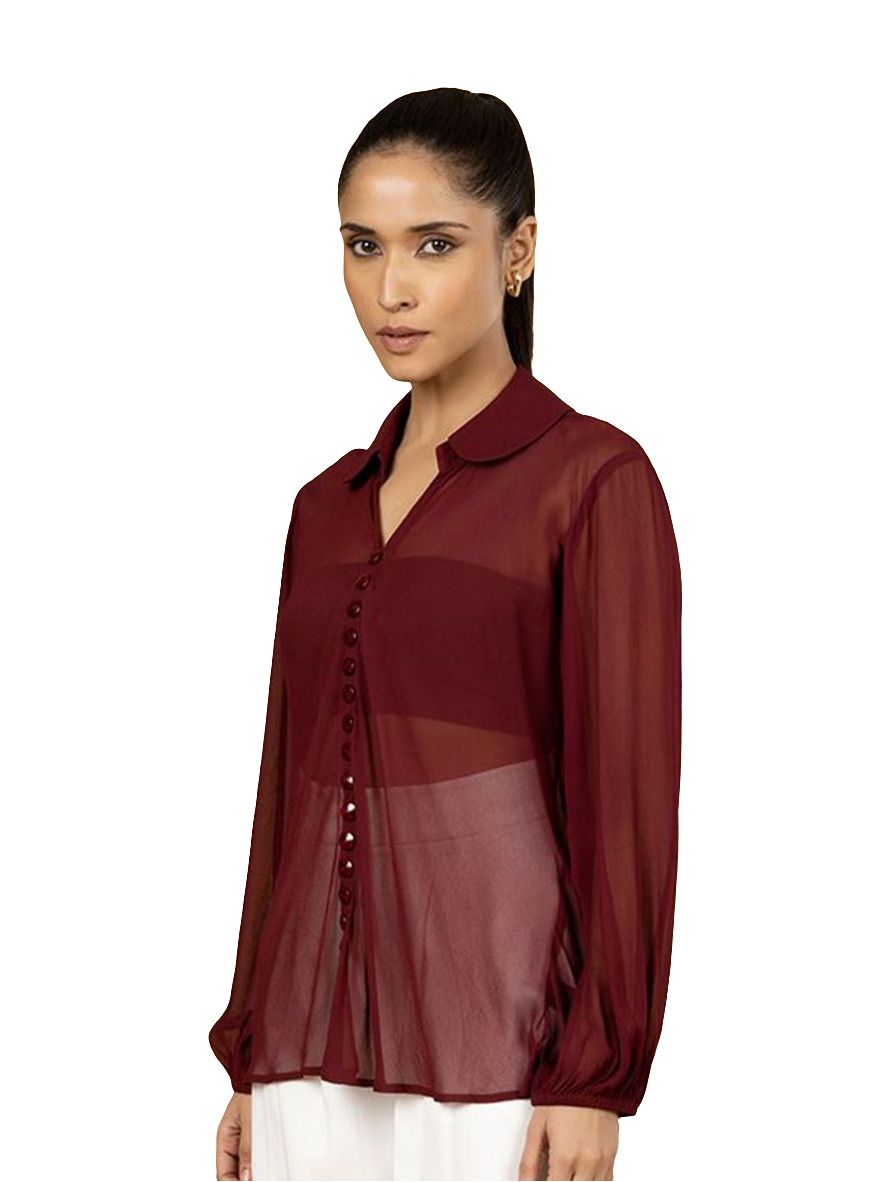 XAYWEAR Women's Red Sheer Top with Button Detail