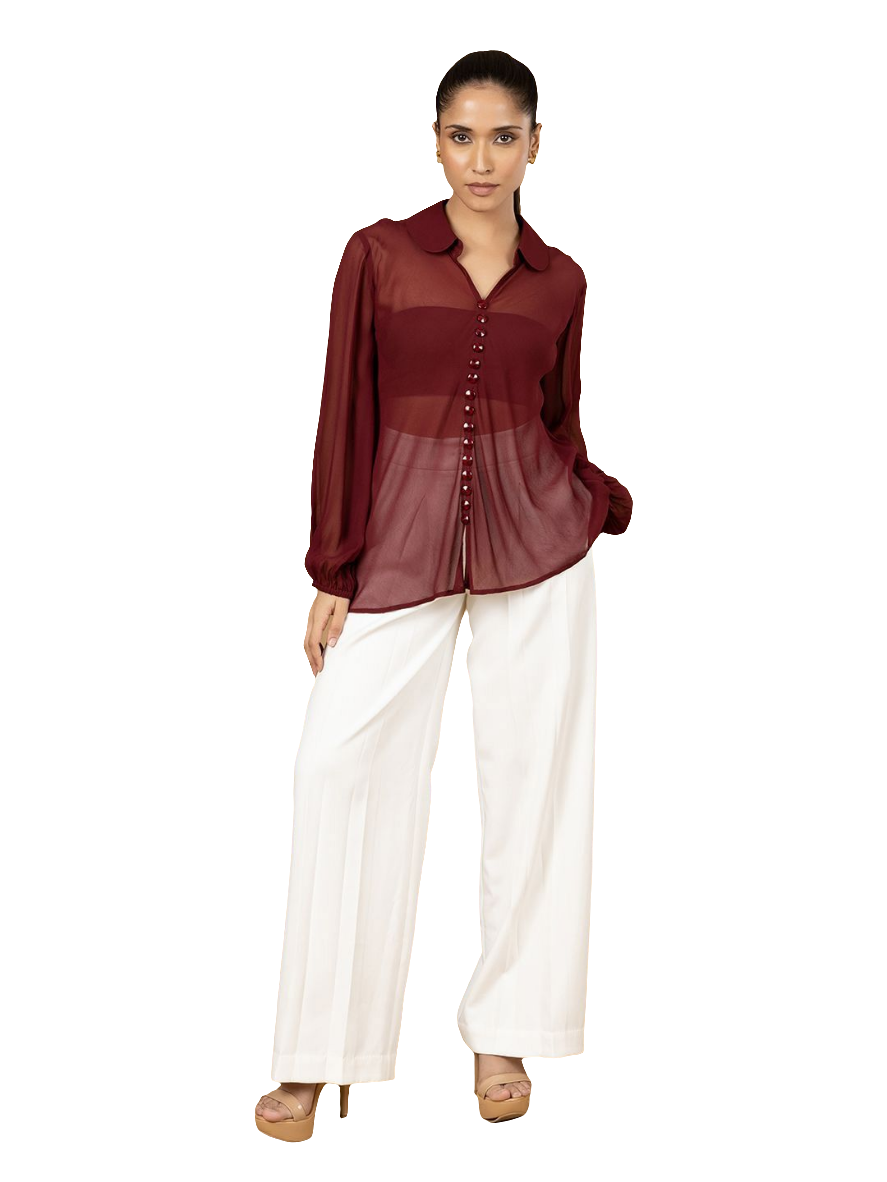 XAYWEAR Women's Red Sheer Top with Button Detail