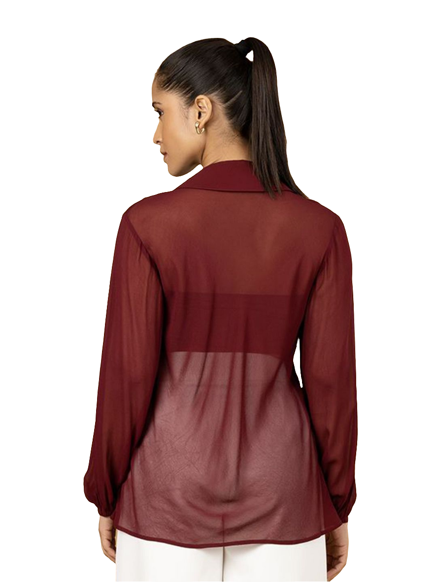 XAYWEAR Women's Red Sheer Top with Button Detail
