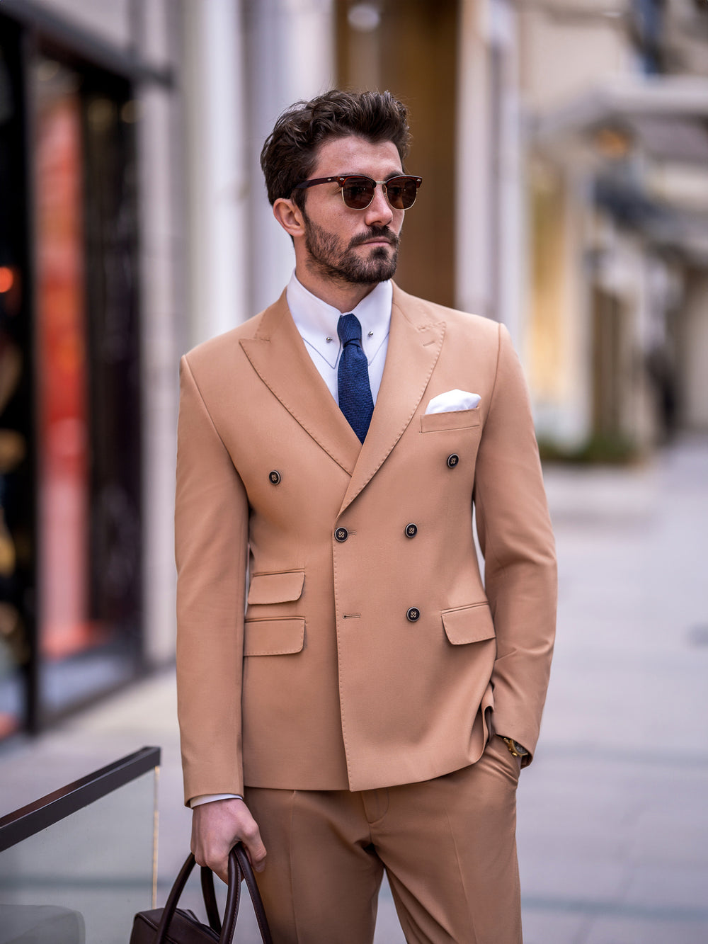 XAYWEAR tan double-breasted suit for men with navy tie and white pocket square