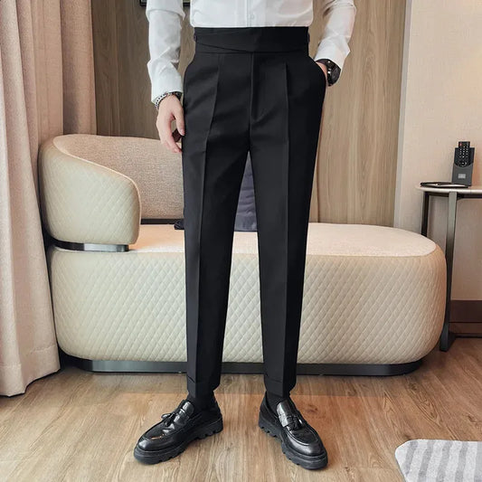 XAYWEAR black dress pants worn with black shoes and white shirt in modern living room