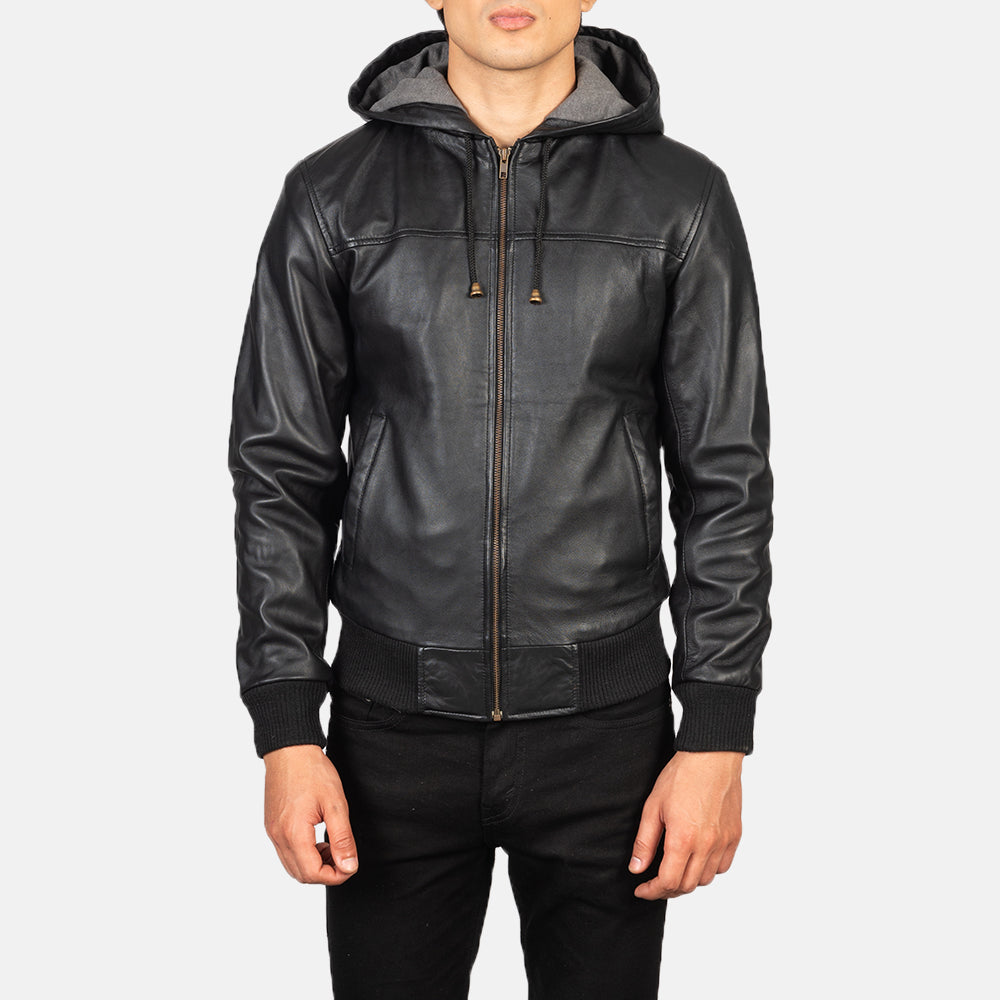 XAYWEAR black hooded leather bomber jacket with a stylish design and comfortable fit