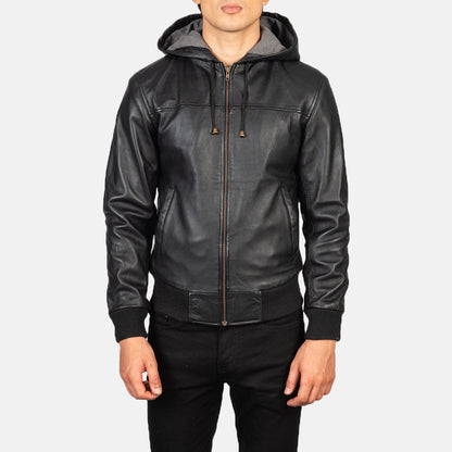 XAYWEAR black hooded leather bomber jacket with a stylish design and comfortable fit
