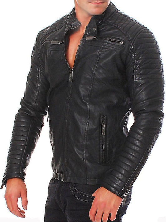 Stylish black leather biker jacket for men with quilted detailing and zippered pockets from XAYWEAR