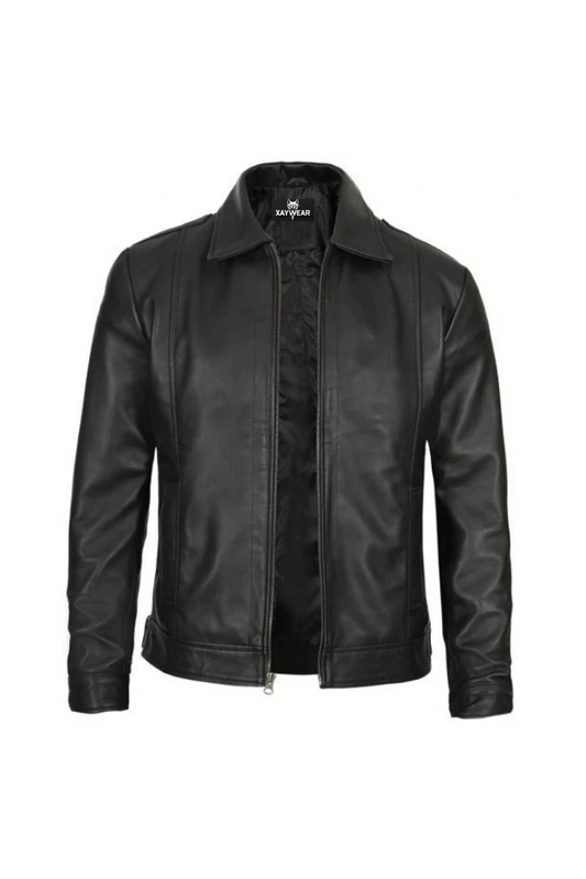 XAYWEAR black leather jacket for men with front zipper and classic collar design