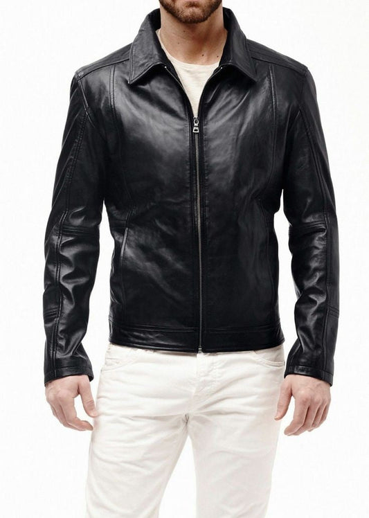 XAYWEAR black leather jacket for men with front zipper and classic collar