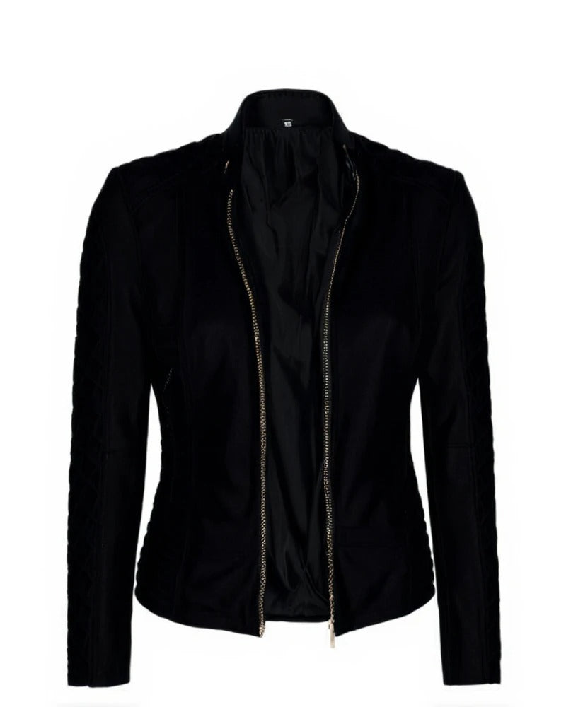 XAYWEAR black leather jacket for women biker style with front zipper and fitted design