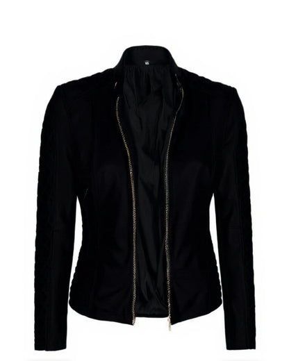 XAYWEAR black leather jacket for women biker style with front zipper and fitted design