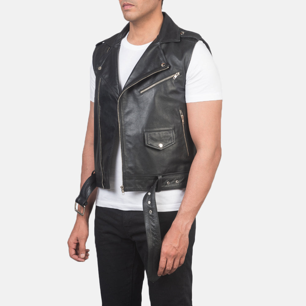 XAYWEAR black leather vest with zipper and snap buttons worn over white t-shirt