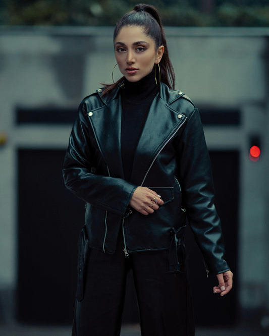 XAYWEAR black leather women outfit featuring a sleek black leather jacket with zipper details