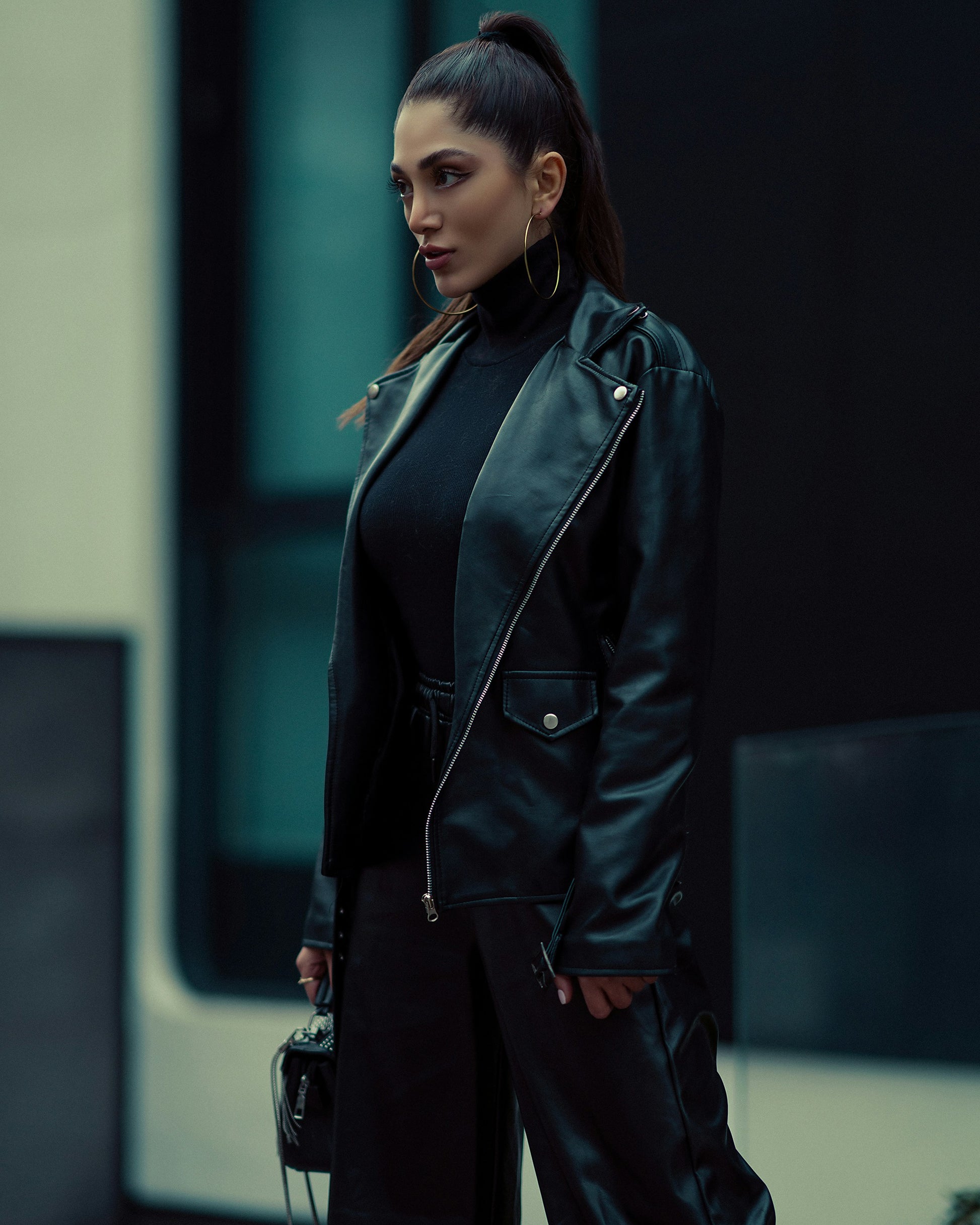 Stylish black leather women outfit by XAYWEAR featuring a leather jacket and matching pants
