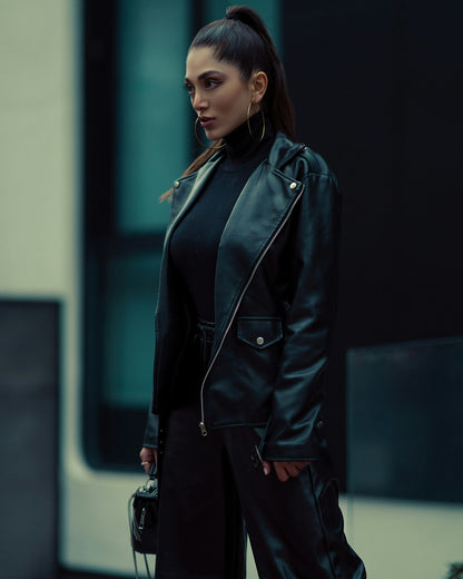 Stylish black leather women outfit by XAYWEAR featuring a leather jacket and matching pants