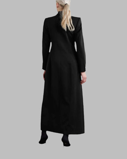 XAYWEAR black long Coat for women with tailored fit and full-length design shown from the back