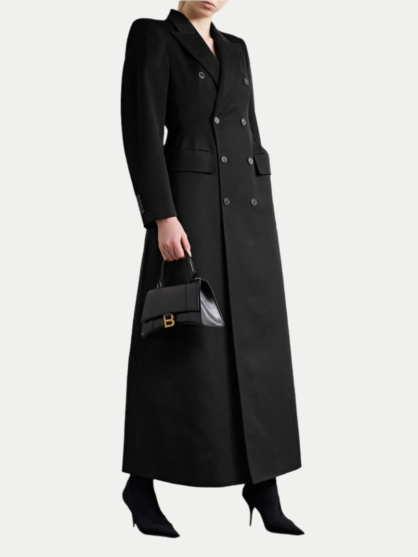 XAYWEAR black double-breasted long Coat for women with structured shoulders and front pockets