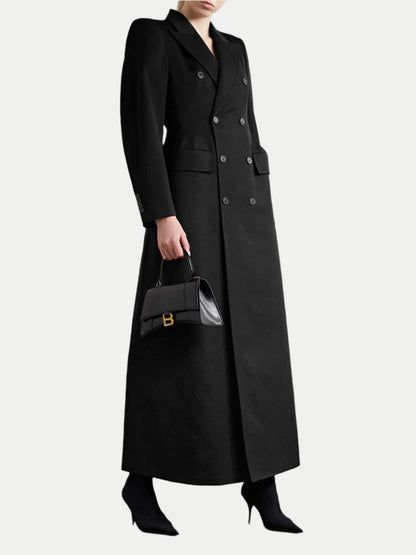 XAYWEAR black double-breasted long Coat for women with structured shoulders and front pockets
