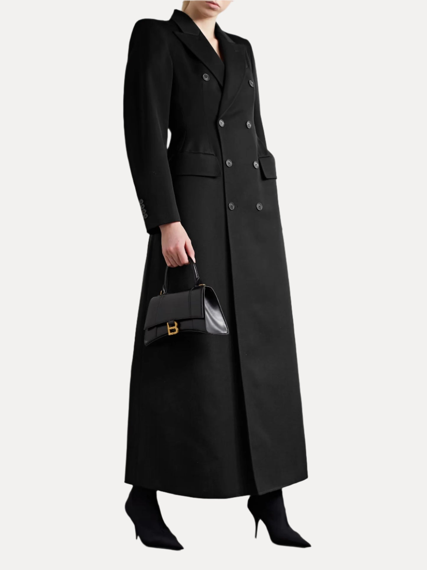 XAYWEAR black double-breasted long coat for women with tailored fit and lapel collar