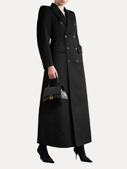 XAYWEAR black double-breasted long coat for women with tailored fit and lapel collar