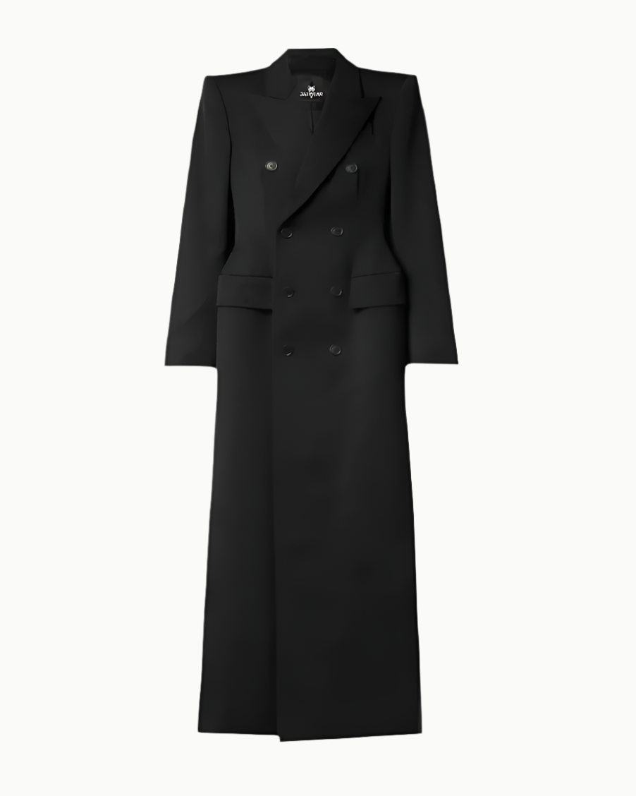 XAYWEAR black double-breasted long Coat for women with tailored fit and notch lapel collar