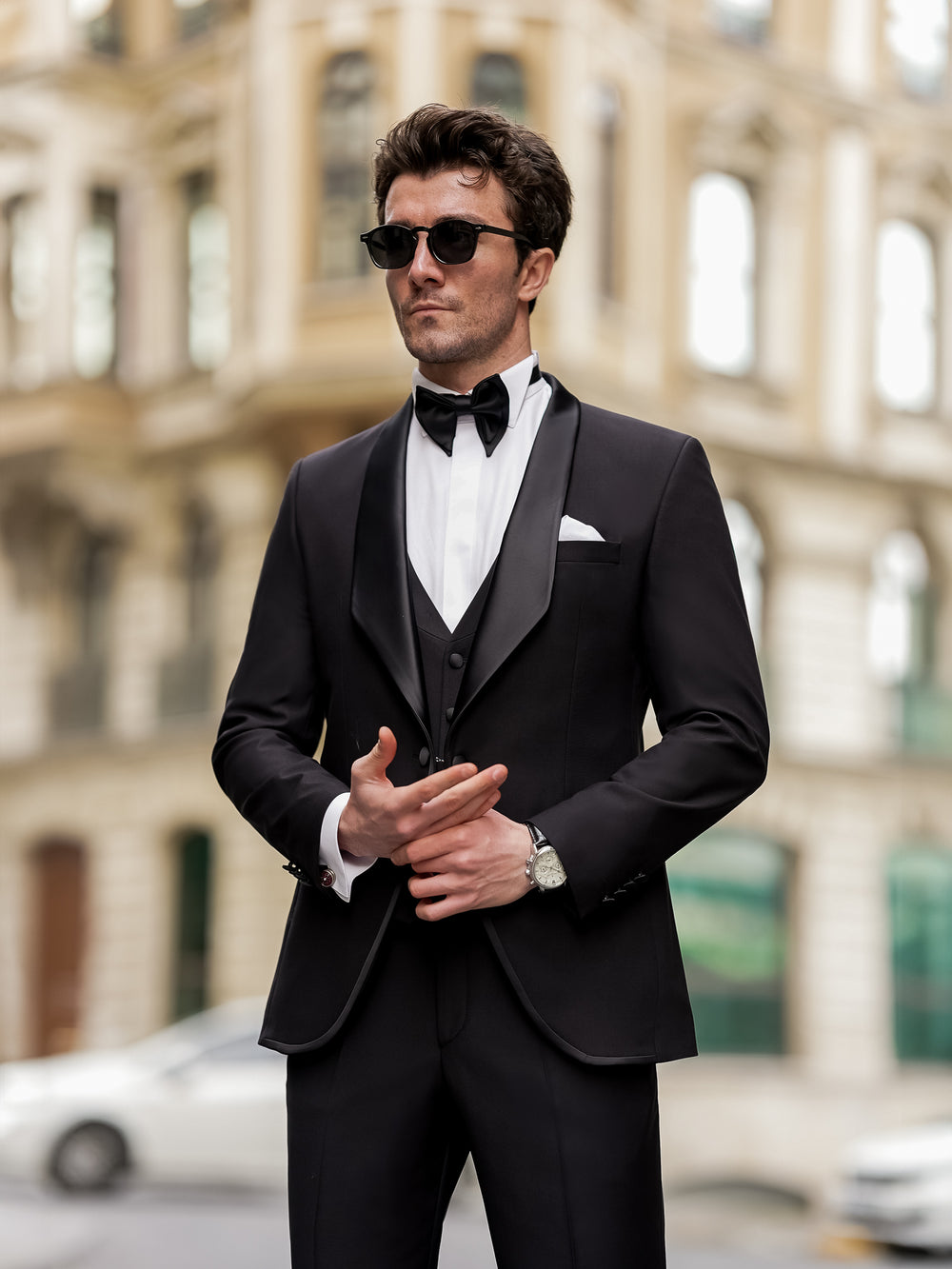 XAYWEAR black men suit with satin lapels, white dress shirt, bow tie, and pocket square