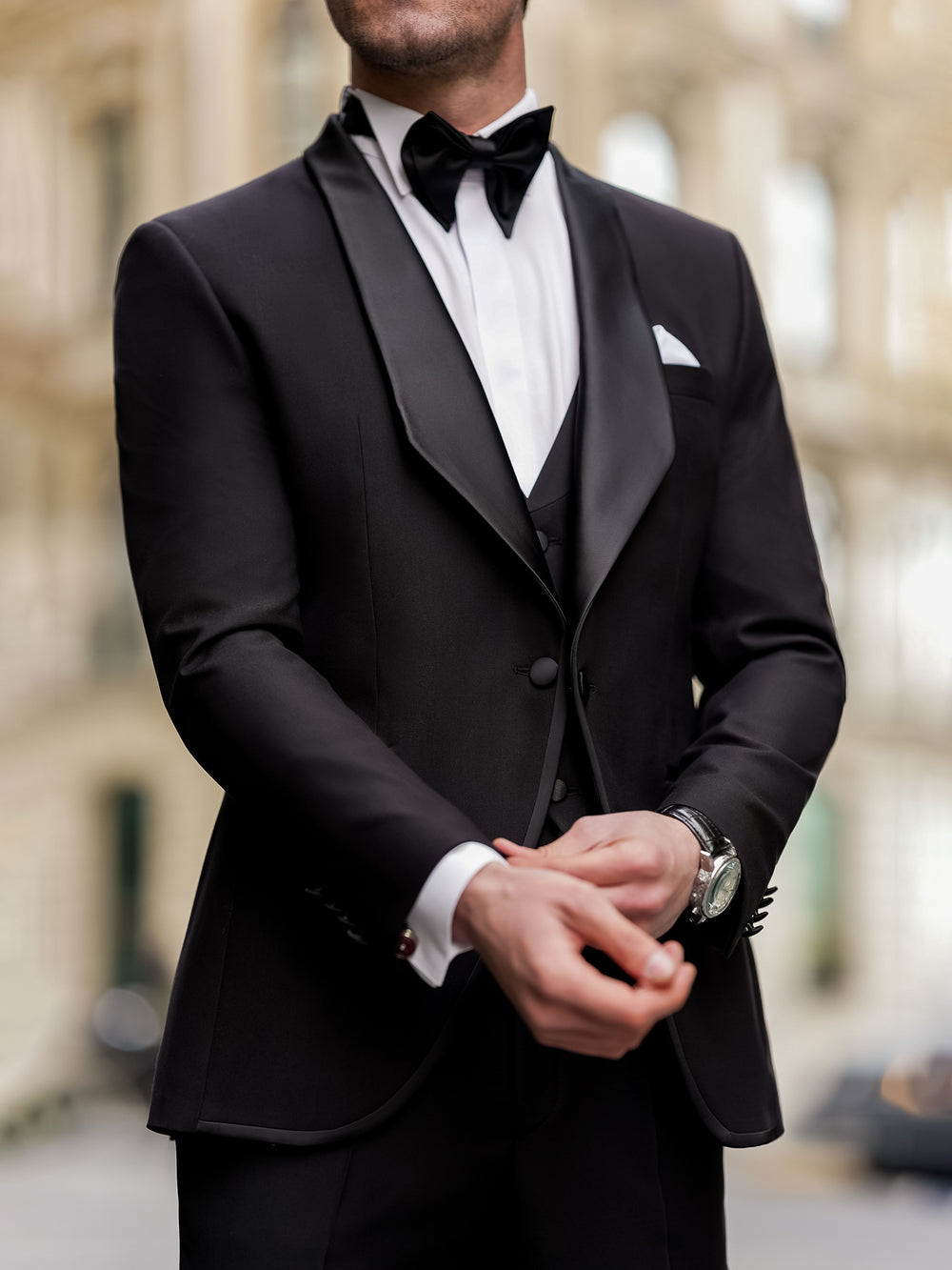 XAYWEAR black men suit with satin lapel and bow tie perfect for formal occasions