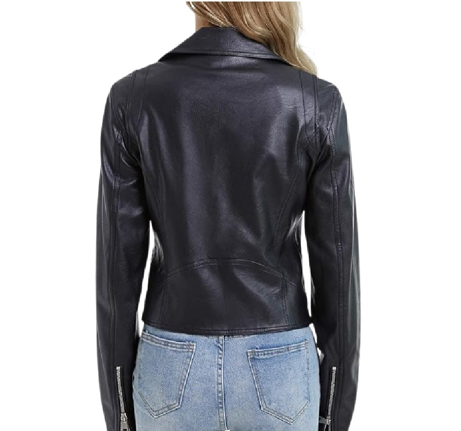 XAYWEAR black biker jacket for women shown from back in short women jacket style