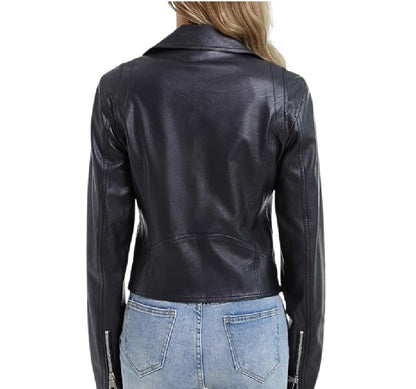 XAYWEAR black biker jacket for women shown from back in short women jacket style