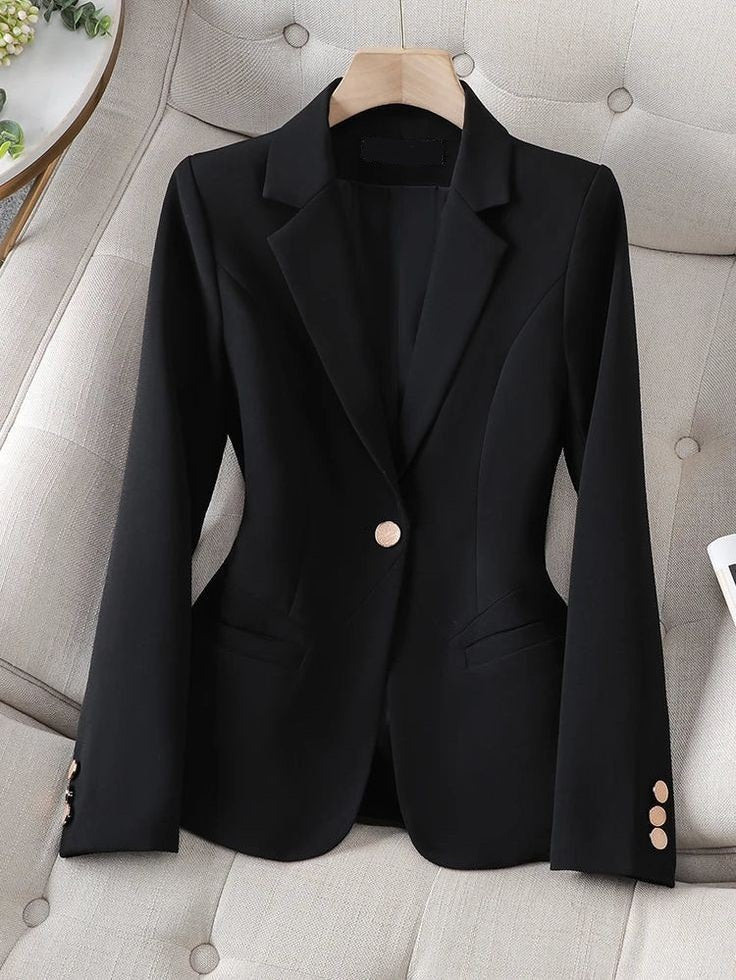 XAYWEAR black women blazer with single button and notched lapel on a hanger
