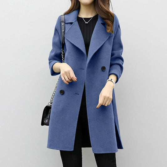 XAYWEAR Blue Pearl Double-Breasted Coat with Stylish Lapels and Side Slits for Modern Outfits