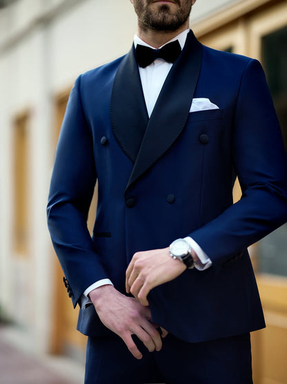 XAYWEAR elegant blue suit for men with black lapels and a white pocket square