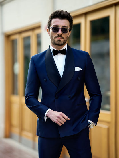 XAYWEAR blue suit for men with black lapels worn with white shirt and bow tie