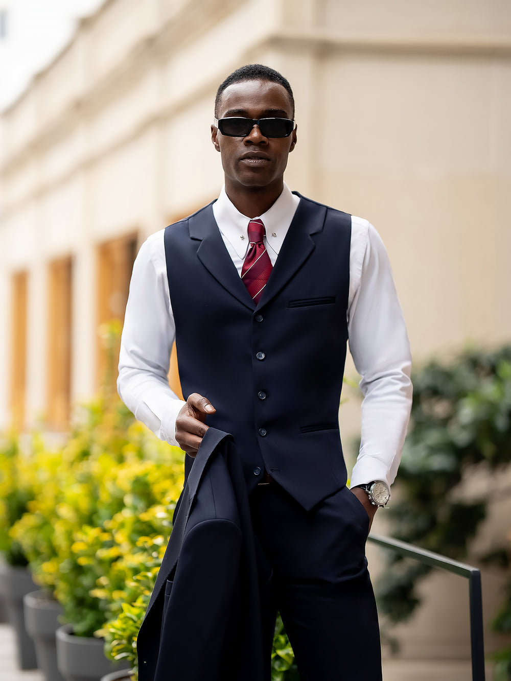 XAYWEAR blue suit for men with vest and matching pants worn with white shirt and red tie