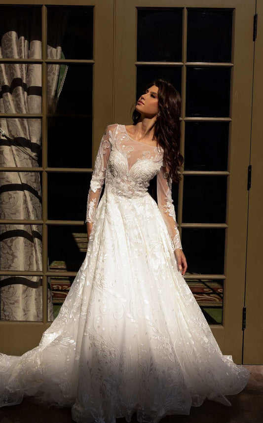 XAYWEAR bridal ball gown with lace long sleeves and intricate floral embroidery on full skirt