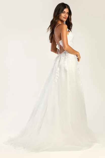 XAYWEAR white bridal dress gown with lace details and long flowing tulle skirt