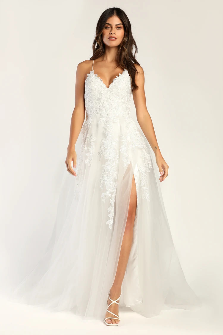 XAYWEAR white bridal dress gown with lace bodice and thigh-high slit on model