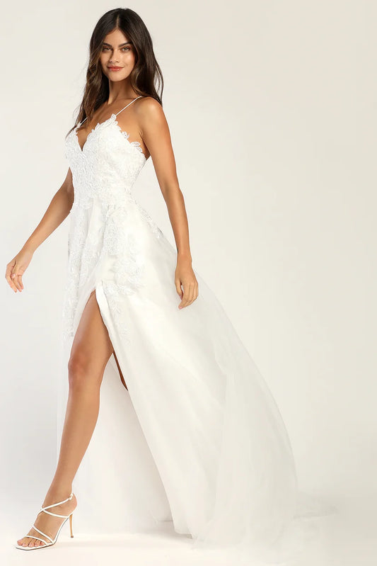 XAYWEAR elegant white bridal dress gown with lace bodice and thigh-high slit