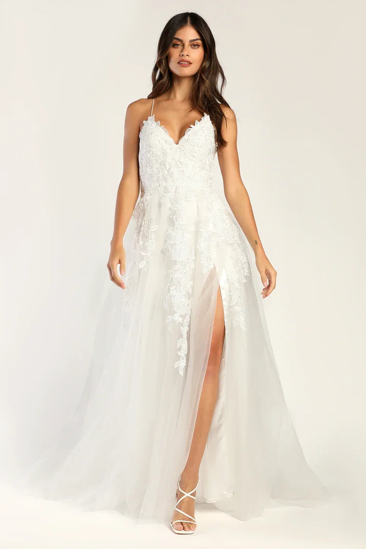 XAYWEAR white bridal dress gown with lace bodice, spaghetti straps, and sheer skirt slit