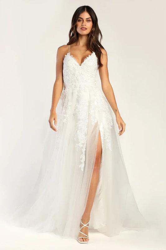 XAYWEAR white bridal dress gown with lace bodice, spaghetti straps, and sheer skirt slit