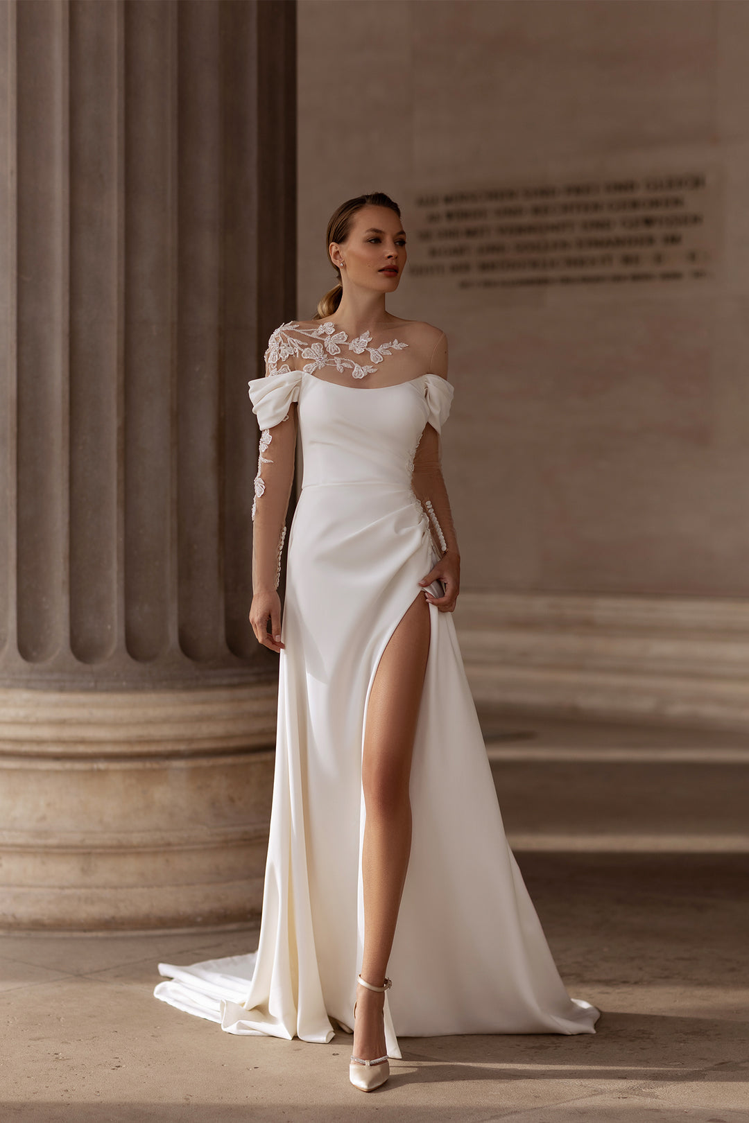 XAYWEAR elegant bridal gown with off-shoulder design and thigh-high slit in white satin fabric