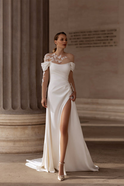 XAYWEAR elegant bridal gown with off-shoulder design and thigh-high slit in white satin fabric