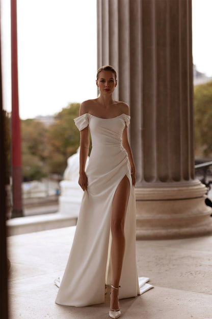 XAYWEAR elegant off shoulder bridal gown with thigh-high slit and fitted silhouette