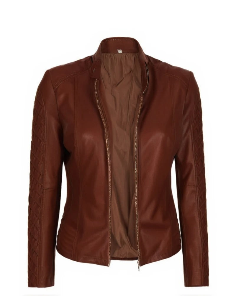 XAYWEAR brown biker leather jacket for women with quilted sleeve details and front zipper